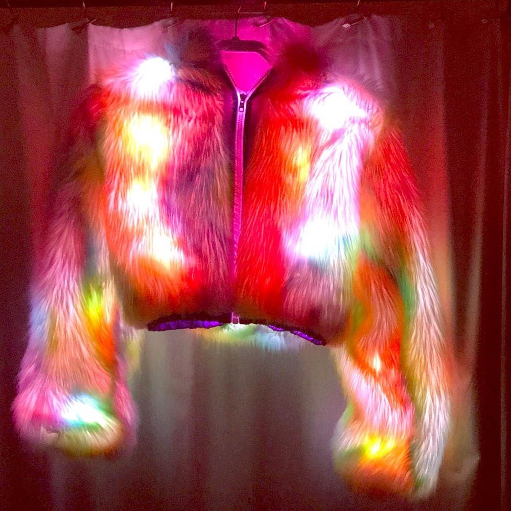 Light Up Faux Fur Rainbow Coat with Hood.
